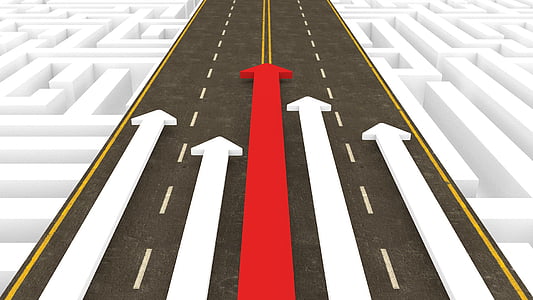 black road with white and red straight arrows illustration