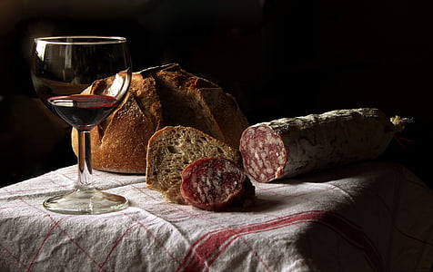wine glass and bread on table
