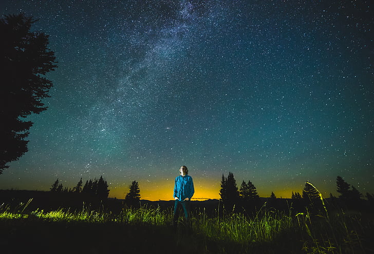 person stands on green grasses watching stars