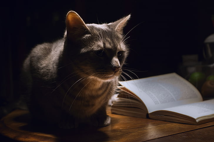 gray cat sitting beside white book