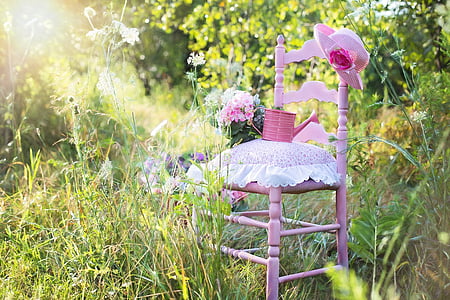 pink wooden armless chair and pink watering can surrounded by green leaf plants at daytime