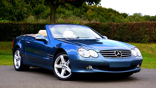 blue Mercedes Benz convertible coupe
