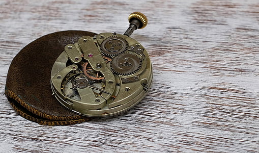 photo of brass-colored skeleton pocket watch on leather case