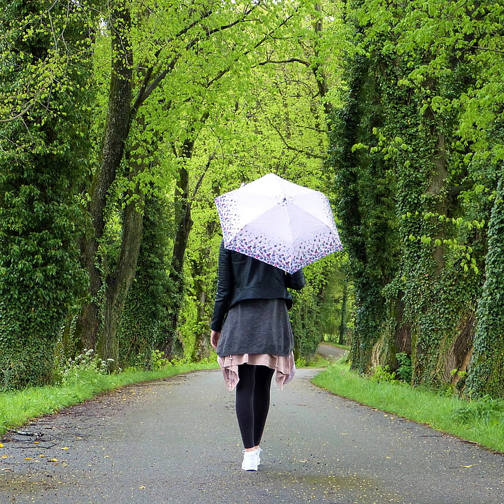 girl walking away in the rain
