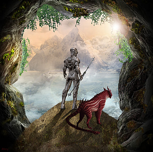 cyborg beside mythical creature standing on cave illustration