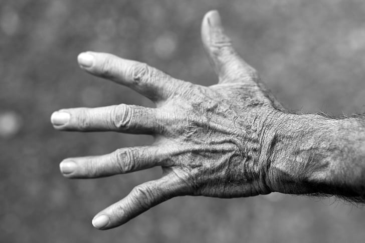 human left hand in grayscale photography
