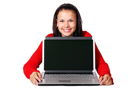 woman in red long-sleeved shirt embracing gray laptop computer