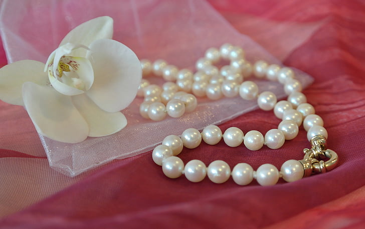 white pearl beaded necklace and white petal flower