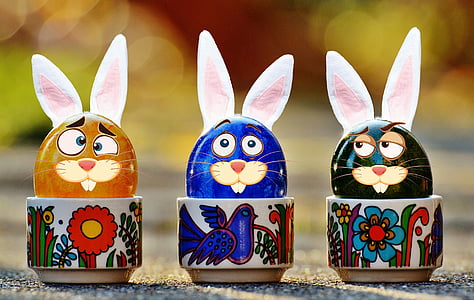 three assorted-color rabbit ceramic figurines