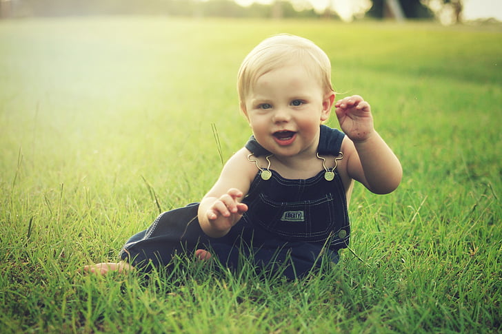 toddler in blue dungaree sitting on green grass field
