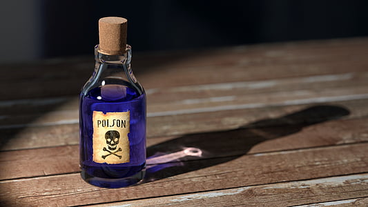 Posion bottle with shadow on brown wooden surface