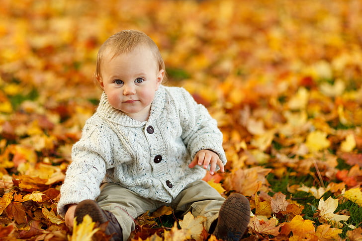 boy sitting in dried leaves