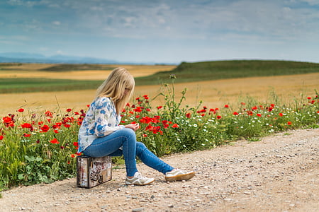 girl wearing blue and white floral long-sleeved shirt and blue fitted jeans sitting on briefcase beside red flowers during daytime