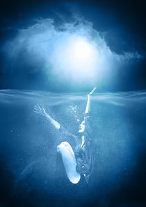 woman under water and white clouds illustration