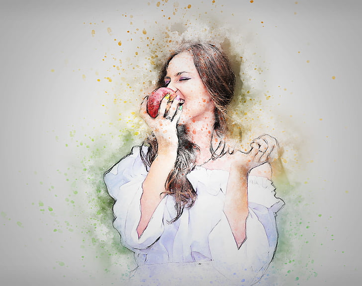 woman eating red apple painting