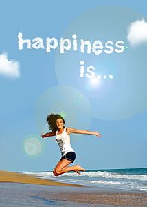 woman in white jumping with with text overlay