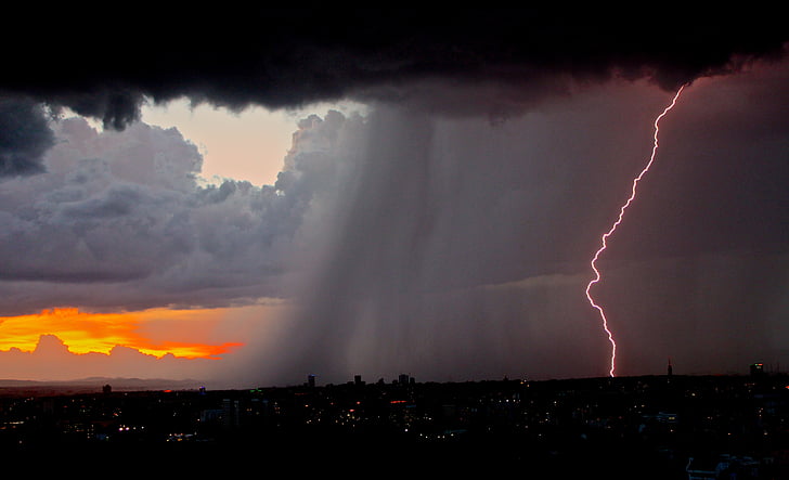 rain and lightning bolt at city