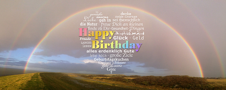 rainbow with Happy Birthday text overlay