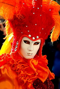 person wearing red feather mask and costume