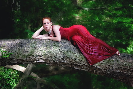 woman in red gown lying on tree log