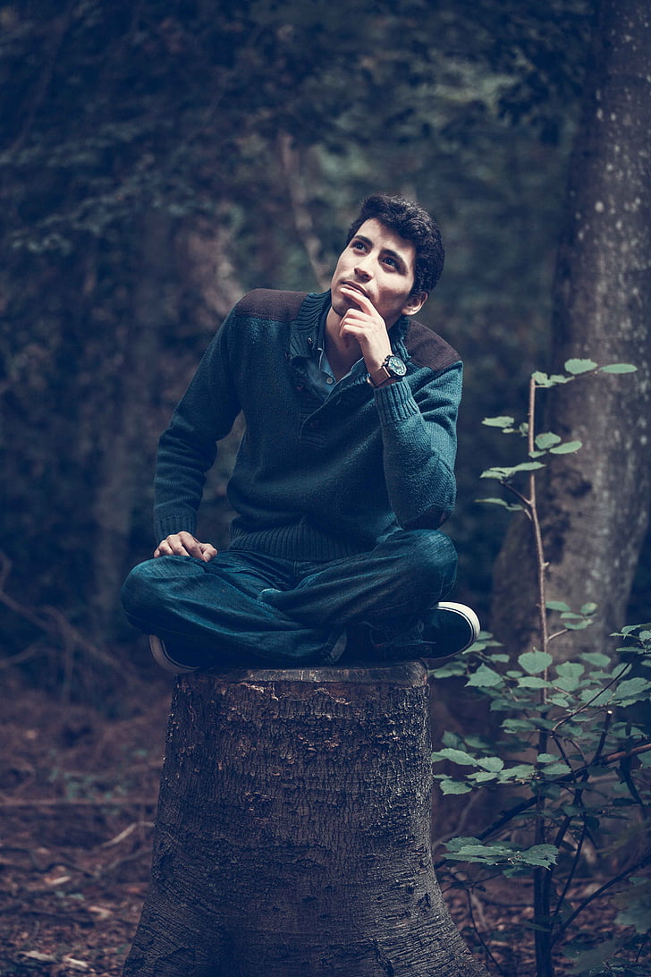 man sitting on tree stump