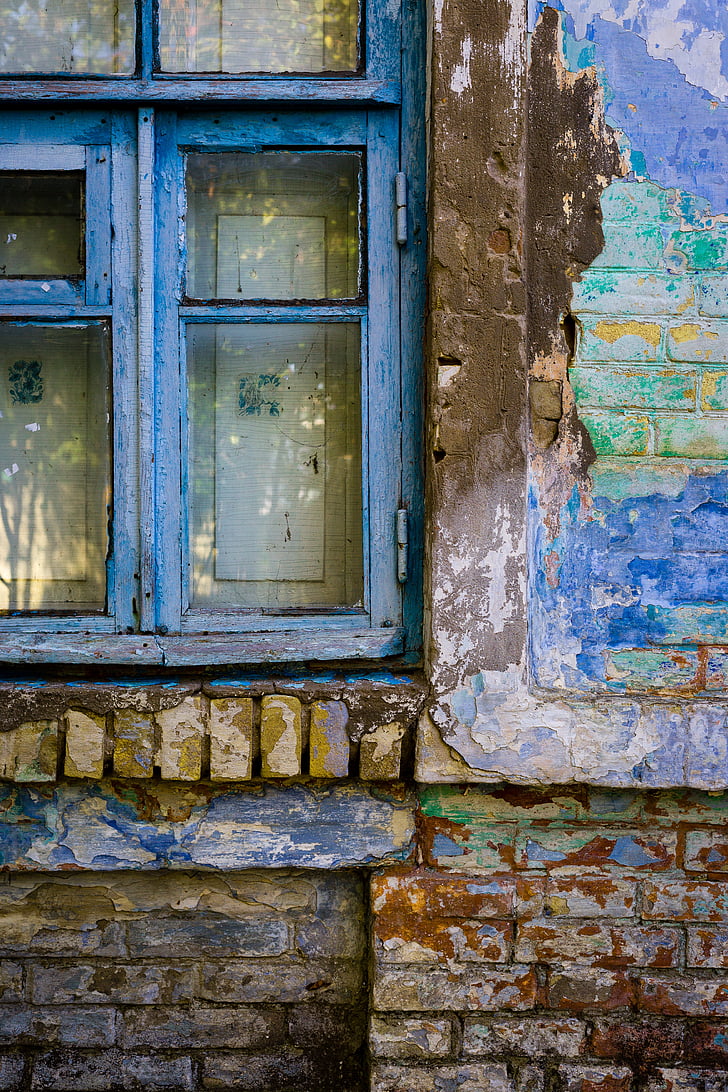 blue wood-framed glass window