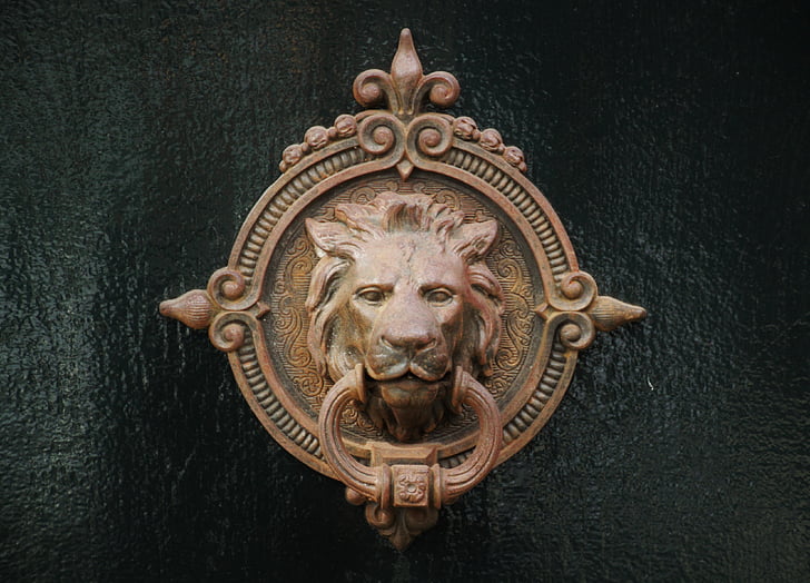 copper-colored lionhead door-knob