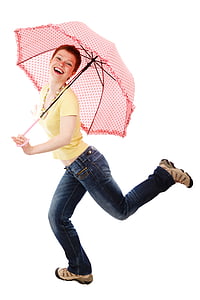 photo of woman wearing yellow scoop-neck shirt holding red umbrella