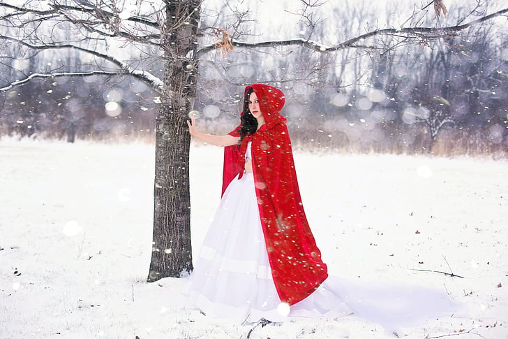photo of red riding hood on snowfield