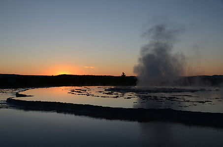 body of water and smoke during sunset
