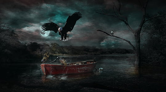 painting of Bald Eagle, bare tree, and boat
