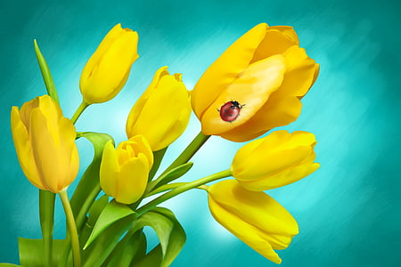 red ladybug perched on yellow tulip painting