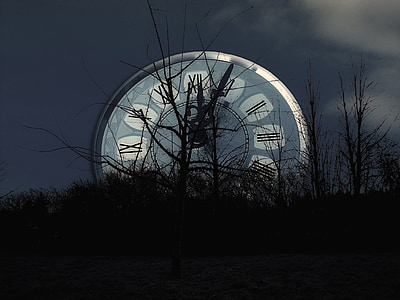leafless trees against analog clock illustration