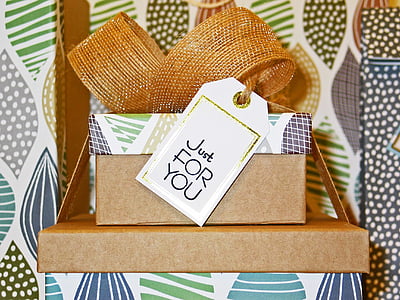 brown-green-and-teal gift box with just for you tag