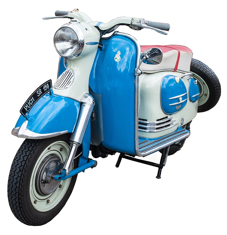 blue and white moped