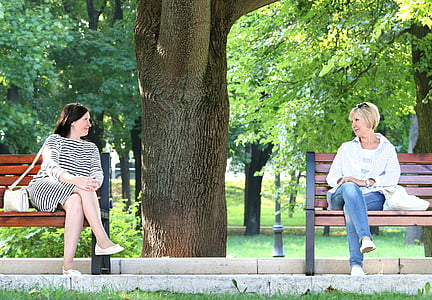 two women sitting on bench with tree in the middle