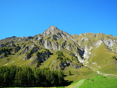 green grass-covered mountain under clear sky