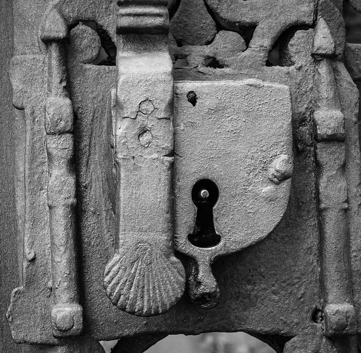 door lock grayscale photo