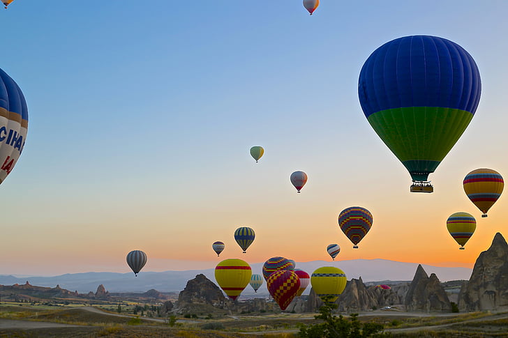 hot air balloons during sunset