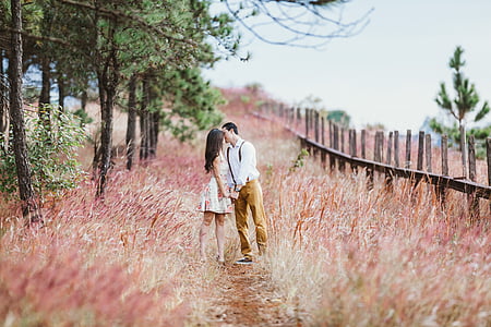 man and woman in the middle of pink grass land
