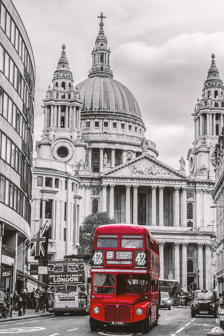 selective-color of red double decker bus
