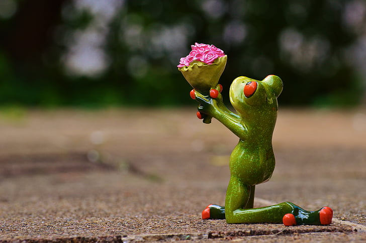 green frog holding bouquet of flowers figurine macro shot