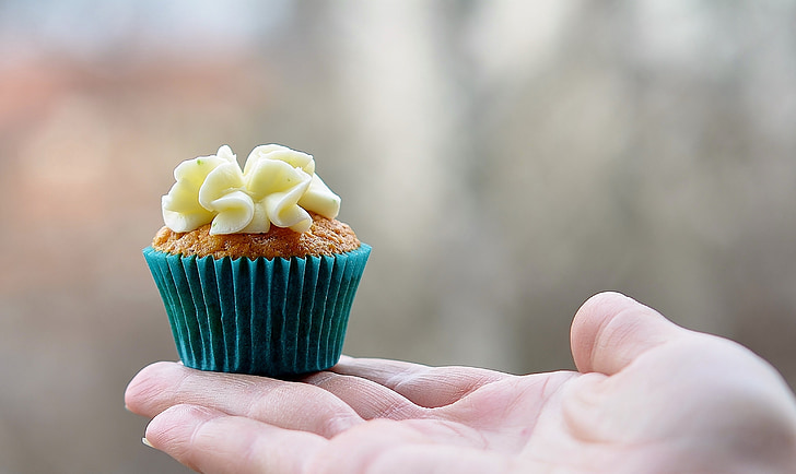 selective focus photography of person holding cupcake