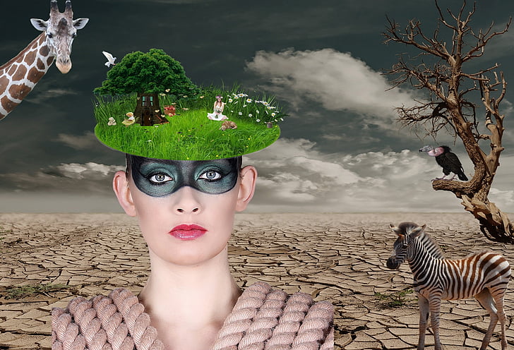 woman with black mask with with animal background edited photo