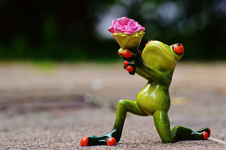 selective focus photography of frog holding flowers figurine