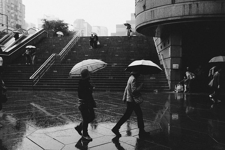 grey scale photography of people under umbrella