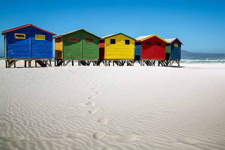 five assorted-color beachside cabins
