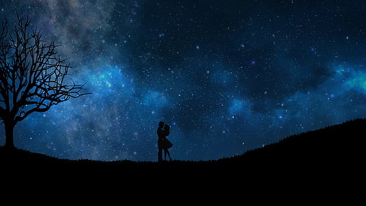 silhouette of man and woman under the starry night