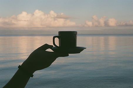 silhouette photo of person holding saucer with teacup with body of water as background