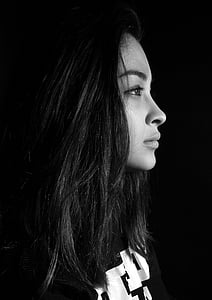 grayscale photo of woman at side view